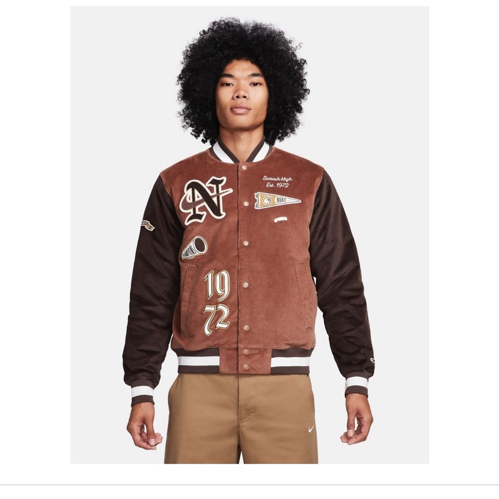 NWT Nike Corduroy Varsity Bomber Jacket 1972 Letterman Brown Men's XL